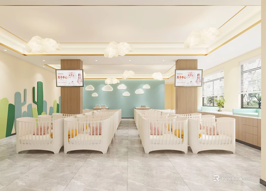 Cute Baby Products Store Interior With White Cribs Pendant Lights And Cactus Wall Decor 3d model 