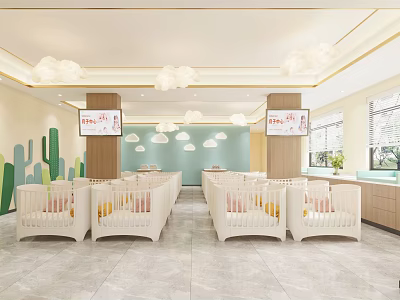 Cute Baby Products Store Interior With White Cribs Pendant Lights And Cactus Wall Decor 3d model