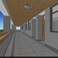 School Hallway With Wooden Ceiling White Walls Windows And Students Walking