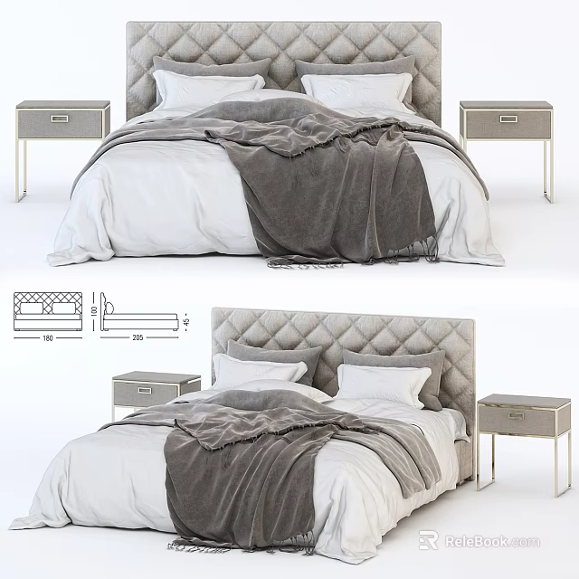 Modern Double Bed With Quilted Headboard White Bed Sheets And Gray Blanket And Matching Nightstands 3d model 