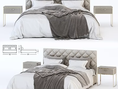 Modern Double Bed With Quilted Headboard White Bed Sheets And Gray Blanket And Matching Nightstands 3d model