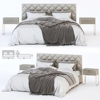 Modern Double Bed With Quilted Headboard White Bed Sheets And Gray Blanket And Matching Nightstands 3d model