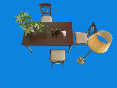 Dark Wooden Dining Table Set with Four Carved Backrest Chairs Potted Plant and Floor Lamp 3d model