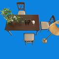 Dark Wooden Dining Table Set with Four Carved Backrest Chairs Potted Plant and Floor Lamp