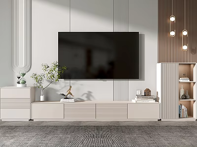 Modern TV Stand With Storage Drawers Wall Mounted TV Decorative Plants And Items 3d model