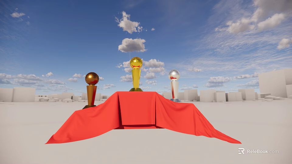 Decorative Ornament Set With Gold Silver Trophies On Red Draped Platform Against Blue Sky 3d model 