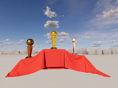 Decorative Ornament Set With Gold Silver Trophies On Red Draped Platform Against Blue Sky 3d model