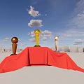 Decorative Ornament Set With Gold Silver Trophies On Red Draped Platform Against Blue Sky