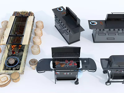 Outdoor Barbecue Grills In Different Styles With Charcoal Fire And Skewers 3d model