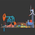 Colorful Cartoon Scene With Playful Houses Wind Turbines Oil Rig And Small Structures