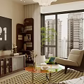 Cozy Modern Living Room with Brown Sofa Beige Armchair Abstract Painting and White Pendant Light