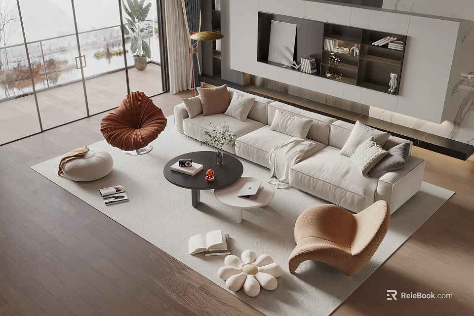Modern Living Room Sofa and Coffee Table Set With Beige Upholstery Accent Chairs and Decorative Pillows 3d model 