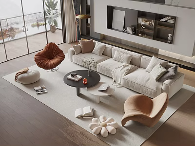 Modern Living Room Sofa and Coffee Table Set With Beige Upholstery Accent Chairs and Decorative Pillows 3d model