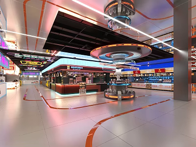 Modern Shopping Mall Store Interior With Colorful Lighting Display Counters And Open Walkways 3d model