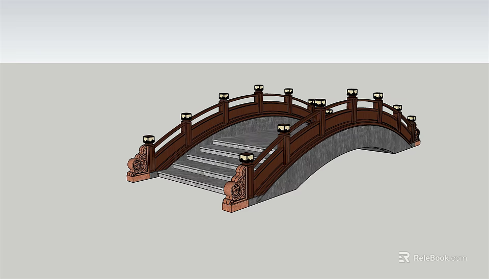 Chinese Style Landscape Bridge With Wooden Railings Lamp Posts And Arched Design 3d model 