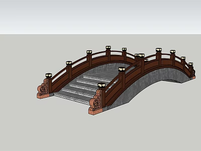 Chinese Style Landscape Bridge With Wooden Railings Lamp Posts And Arched Design 3d model