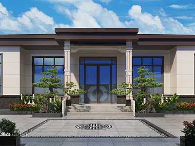 Chinese Style Detached Villa Exterior With Main Door Steps And Green Plants 3d model