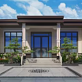 Chinese Style Detached Villa Exterior With Main Door Steps And Green Plants