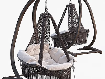 Comfortable Rattan Swing Chair With Soft White Cushions And Fringed Design 3d model