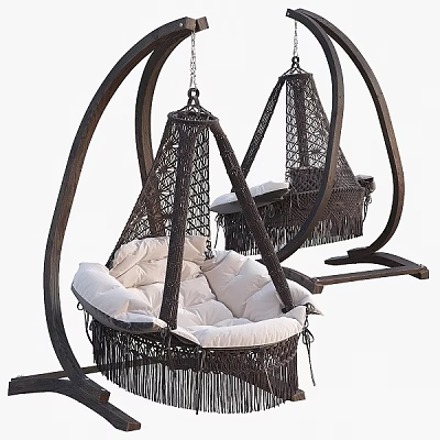 Comfortable Rattan Swing Chair With Soft White Cushions And Fringed Design 3d model