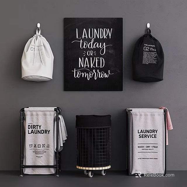 Practical Stylish Laundry Baskets with Hanging Storage Bags and Wire Mesh Design for Home Use 3d model 