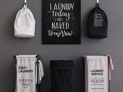 Practical Stylish Laundry Baskets with Hanging Storage Bags and Wire Mesh Design for Home Use 3d model