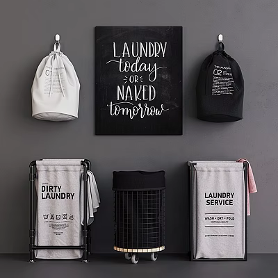 Practical Stylish Laundry Baskets with Hanging Storage Bags and Wire Mesh Design for Home Use 3d model