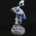 Warrior Sculpture Carving with Glowing Axe Shield and Armored Standing Pose on Base