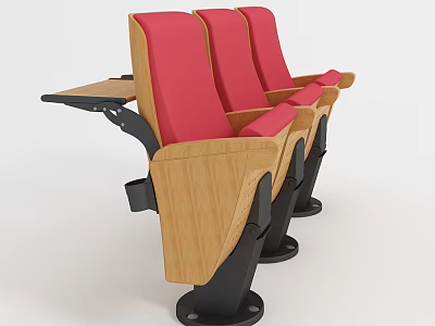 Row Of Public Chairs With Red Cushions Wooden Armrests And Black Bases 3d model