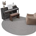 Instrument and Art Supplies Collection with Black Piano Music Sheet Microphone Vase and Gray Rug