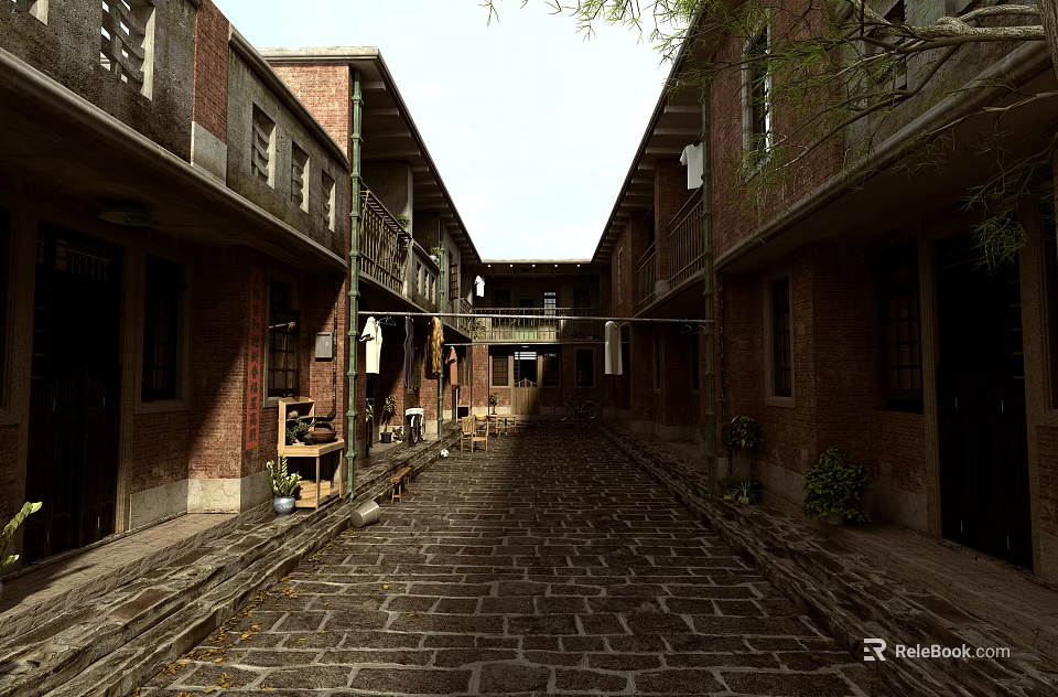 Ancient Architecture Scene With Red Brick Buildings Stone Paved Alley And Corridors 3d model 