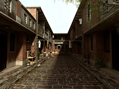 Ancient Architecture Scene With Red Brick Buildings Stone Paved Alley And Corridors 3d model