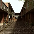 Ancient Architecture Scene With Red Brick Buildings Stone Paved Alley And Corridors