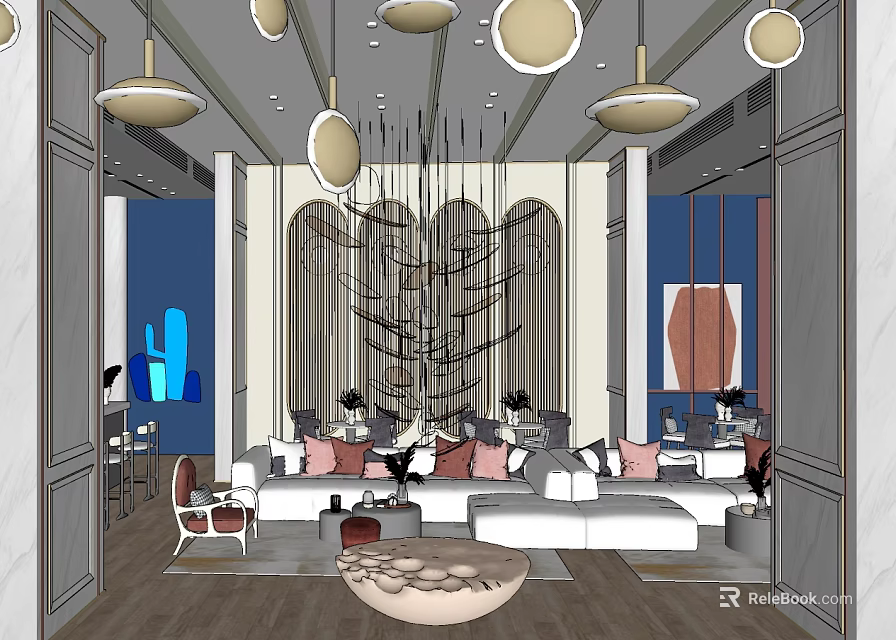 Modern Sales Office Interior Design With Spacious Layout Chandeliers Luxury Sofas And Decorative Elements 3d model