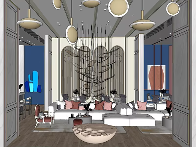 Modern Sales Office Interior Design With Spacious Layout Chandeliers Luxury Sofas And Decorative Elements 3d model