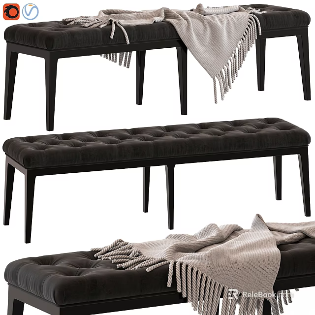 Stylish Tufted Sofa Bench With Dark Gray Upholstery And Black Slender Legs And Light Blanket 3d model 