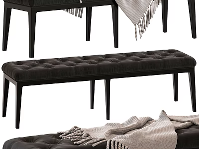 Stylish Tufted Sofa Bench With Dark Gray Upholstery And Black Slender Legs And Light Blanket 3d model