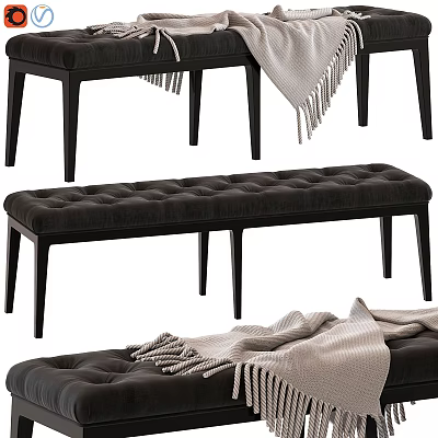Stylish Tufted Sofa Bench With Dark Gray Upholstery And Black Slender Legs And Light Blanket 3d model