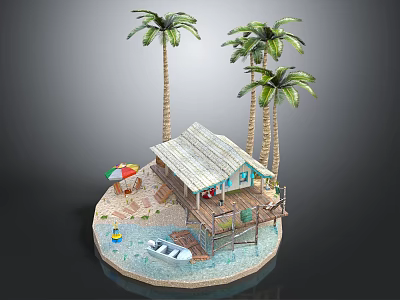 Wooden Cabin with Palm Trees on Coastal Beach Featuring Small Boat and Colorful Umbrella 3d model