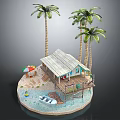 Wooden Cabin with Palm Trees on Coastal Beach Featuring Small Boat and Colorful Umbrella