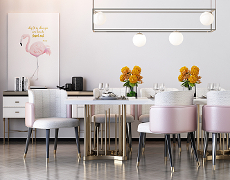 Modern Dining Table and Chair Combination Subcock Dining Table and Chair Tableware Side Cabinet Hanging Picture Decoration Chandelier 3d model