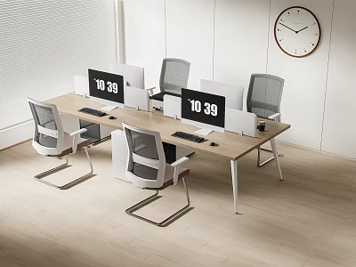 Modern Wooden Office Desk With Computer Monitors Grey Mesh Chairs Wall Clock And White Blinds 3d model