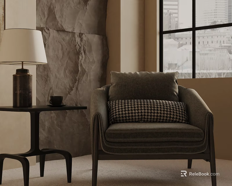 Modern Leisure Chair With Checkered Pillow And Side Table By Stone Wall Window 3d model 