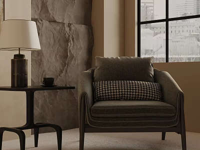 Modern Leisure Chair With Checkered Pillow And Side Table By Stone Wall Window 3d model