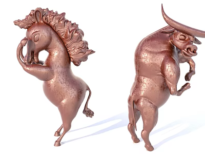 Standing Animal Sculptures Of Horse And Bull With Bronze Textured Finish 3d model