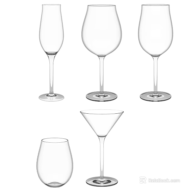 Different Styles of Wine and Cocktail Glasses with Clear Transparent Design and Elegant Stemmed Shapes 3d model 
