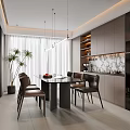 Modern Restaurant Interior With Dining Table Chairs Pendant Lights And Marble Backsplash 3d model