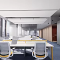 Modern Public Office Space Interior With Geometric Ceiling Glass Partitions And Blue Carpet
