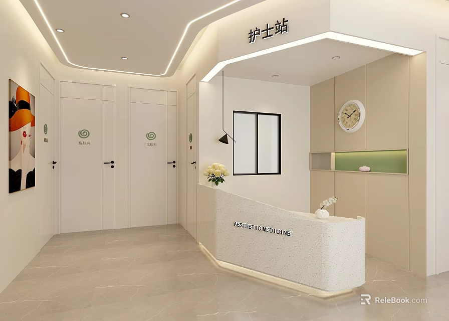 Modern Nurse Station Reception Area With White Desk Clock Flowers And Decorative Doors 3d model 