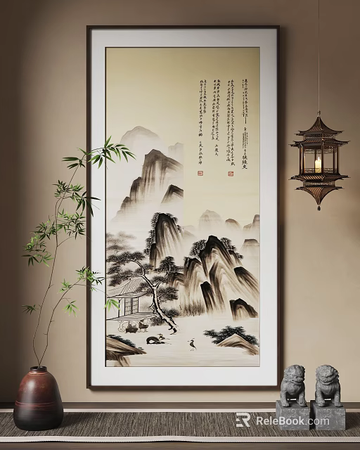 Traditional Chinese Landscape Painting with Misty Mountains Pine Trees Bamboo and Lantern 3d model 